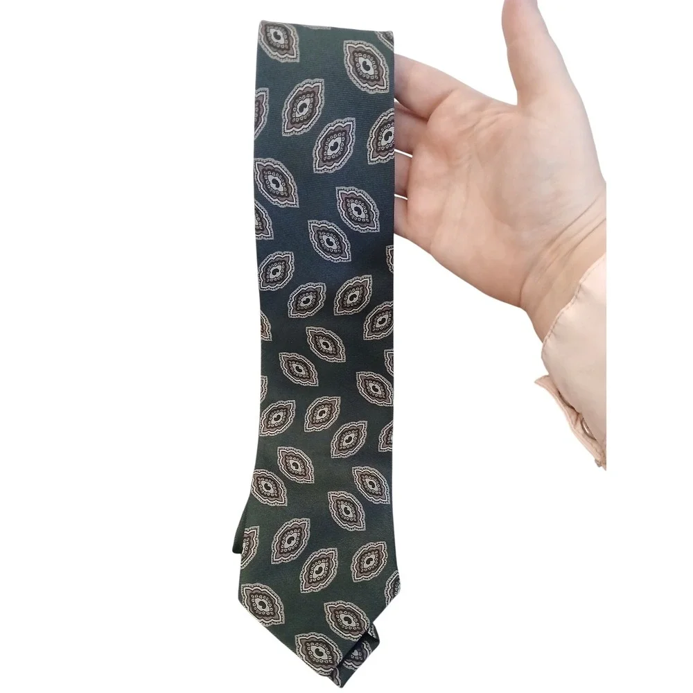 Vtg Abercrombie & Fitch Mens Silk Tie Green Brown Medallion Made in USA